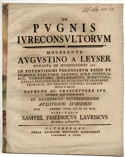 Lauriscus, Samuel Friedrich: aus Guben: Juristische Disputation. De pugnis iureconsultorum. 