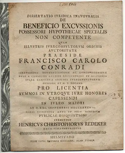 Redeker, Heinrich Christoph: Stadthagen: Juristische Inaugural-Dissertation. De beneficio excussionis possessori hypothecae specialis non competente. 