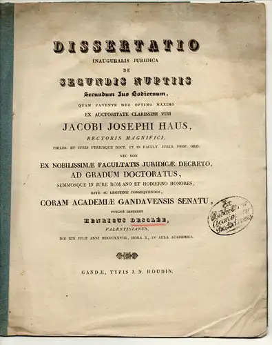 Desclée, Henricus (Heinrich): De secundis nuptiis secundum ius hodiernum. Dissertation. 