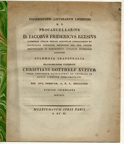 Kees, Jakob Friedrich: Meletemata iuris varii I et II. Promotionsankündigung von Christian Gotthelf Kupfer. 
