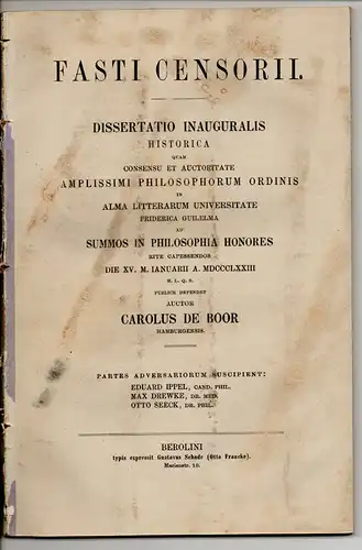 Boor, Carl de: aus Hamburg: Fasti Censorii. Dissertation. 