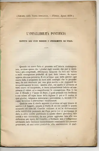 Pantaleoni, Diomede: L' infallibilità pontificia rispetto agli stati moderni e specialmente all'Italia. Sonderdruck aus: Nuova antologia. 