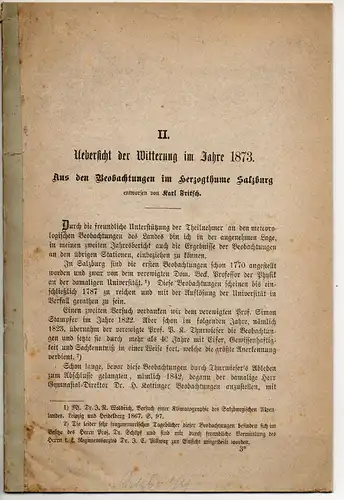 Fritsch, Karl: Uebersicht der Witterung im Jahre 1872 - Aus den Beobachtungen im Herzogthume Salzburg. Sonderdruck aus: Mitteilungen der Gesellschaft für Salzburger Landeskunde Bd. 13. 