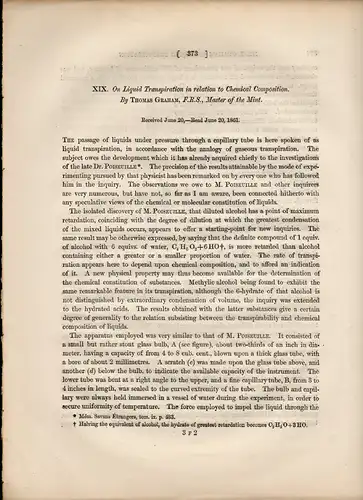Graham, Thomas: On liquid transpiration in relation to chemical composition. Sonderdruck aus: Philosophical Transactions of the Royal Society of London Vol. 151. 