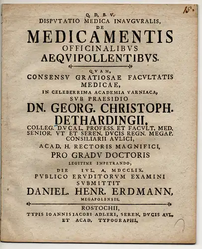 Erdmann, Daniel Heinrich: aus Mecklenburg: Medizinische Inaugural-Disputation. De medicamentis officinalibus aequipollentibus. 