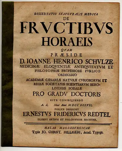 Redtel, Ernst Friedrich: Medizinische Inaugural-Dissertation. De Fructibus Horaeis. 