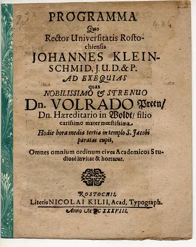 Kleinschmidt, Johann: Einladungsschrift zur Totenfeier von Volrad Preen. 