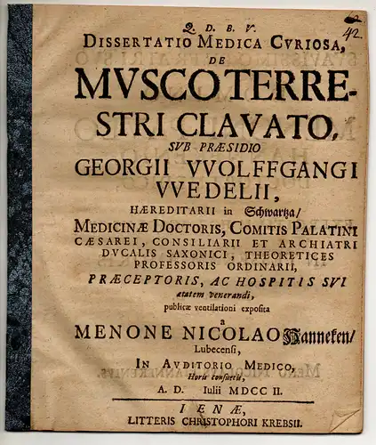 Hanneken, Meno Nikolaus: aus Lübeck: Medizinische Dissertation. De Musco Terrestri Clavato. 