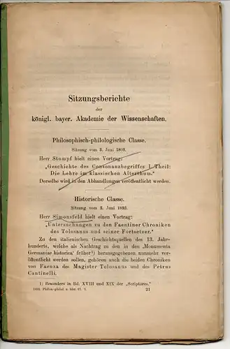 Simonsfeld, Henry: Untersuchungen zu den Faentiner Chroniken des Tolosanus und seiner Fortsetzer. Sonderdruck aus: Philologische und Historische Klasse ; 1893, 3. 