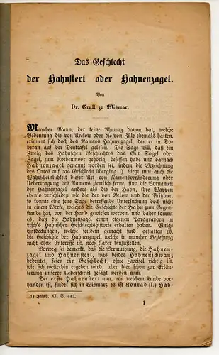 Crull, Friedrich: Das Geschlecht der Hahnstert oder Hahnenzagel. Sonderdruck aus: Jahrbücher des Vereins für Mecklenburgische Geschichte und Altertumskunde Bd. 34. 