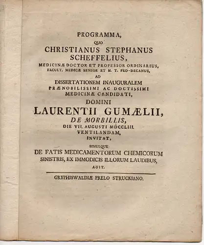 Scheffel, Christian Stephan: De fatis medicamentorum chemicorum sinistris, ex immodicis illorum laudibus (Über unglückliche Medikationen von chemischen Arzneien aufgrund deren übermäßigen Lobpreisungen). Einladungsschrift zur Disputatio.. 