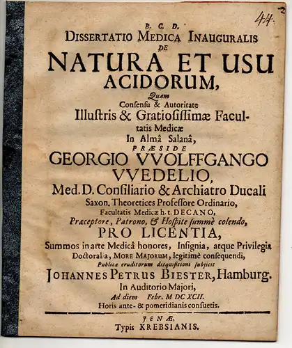 Biester, Johann Peter: aus Hamburg: Medizinische Inaugural-Dissertation. De Natura Et Usu Acidorum. 