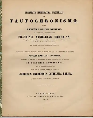 Baehr, Georg Frederik Wilhelm: De Tautochronismo. Dissertation. 