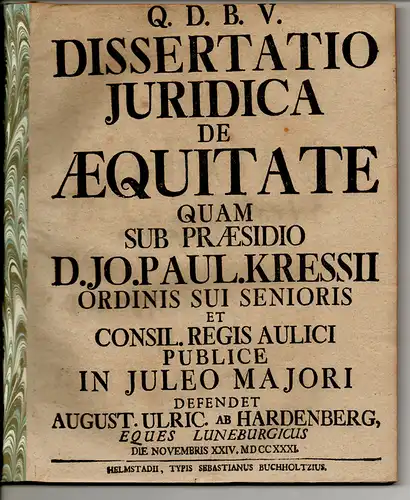 Hardenberg, August Ulrich von: aus Lüneburg: Juristische Dissertation. De aequitate. 