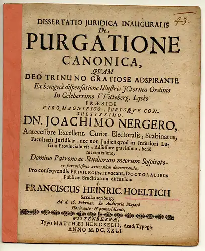 Höltich, Franz Heinrich: aus Sachsen-Lauenburg: Juristische Inaugural-Dissertation. De purgatione canonica. 