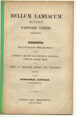 Guericke, Hermann: aus Schwaneberg: Bellum lamiacum secundum scriptores veteres narratur. Dissertation. 