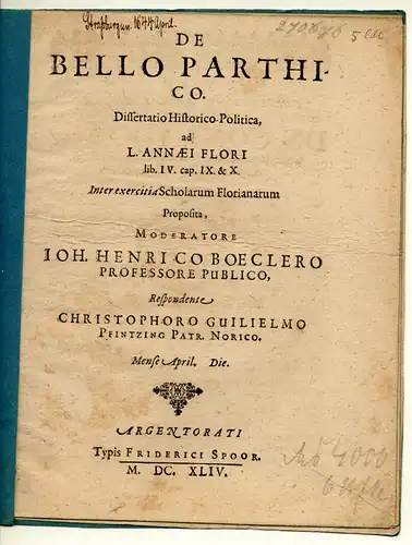 Pfintzing, Christoph Wilhelm: De bello Parthico. Dissertatio historico-Politica, ad L. Annaei Flori lib. IV. cap. IX & X. 