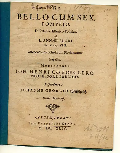Marschalch, Johannes Georg: De bello cum Sex. Pompeio. Dissertatio historico-Politica, ad L. Annaei Flori lib. IV. cap. VIII. 