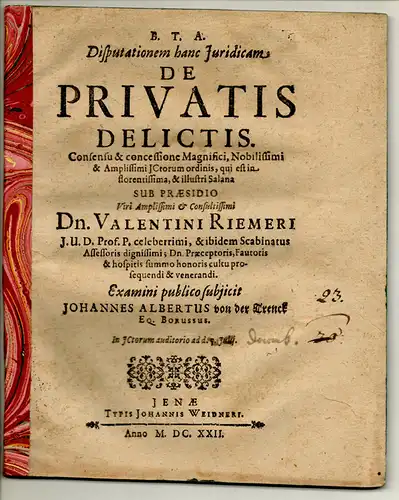 Trenck, Johann Albert von der: Juristische Disputation. De privatis delictis. 
