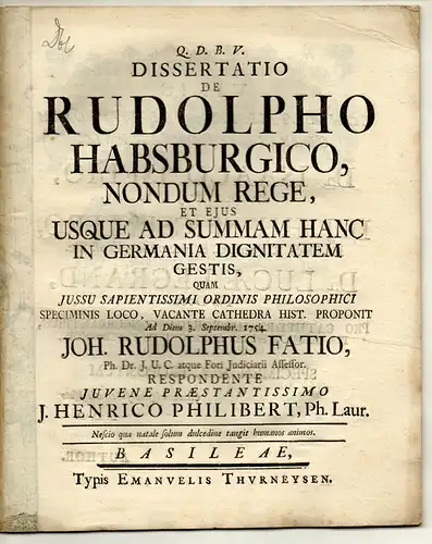 Philibert, Johannes Heinrich: Dissertatio. De Rudolpho Habsburgico Nondum Rege. 