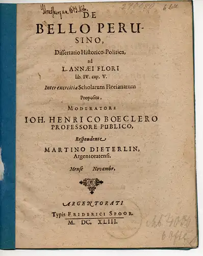 Dieterlin, Martin: aus Straßburg: Historisch-politische Dissertation. De bello Perusino  ad L. Annæi Flori lib. IV. cap. V. 