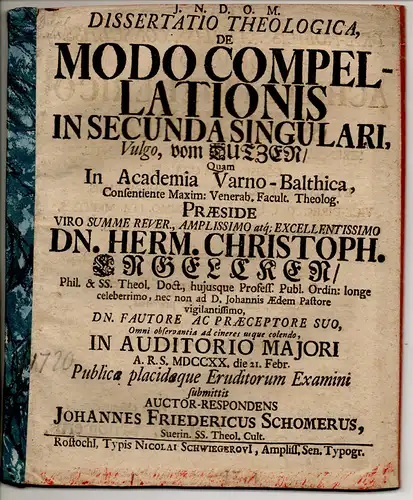 Schomer, Johann Friedrich: Dissertatio theologica, De modo compellationis in secunda singulari vulgo vom Dutzen. 