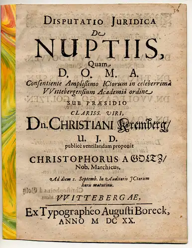 Goltz, Christoph von: Juristische Disputation. De Nuptiis. 
