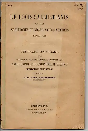 Nitzschner, August: De locis Sallustianis, qui apud scriptores et grammaticos veteres leguntur. Dissertation. 