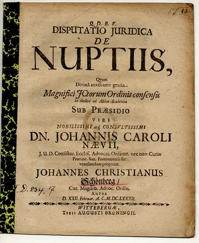 Schönberg, Johann Christian: aus Magdeburg: Juristische Disputation. De nuptiis. 