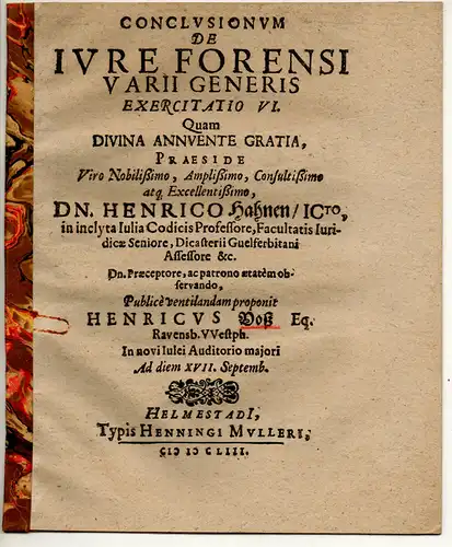 Voß, Heinrich: aus Ravensberg: Conclusiones de iure forensi varii generis, exercitatio VI. 