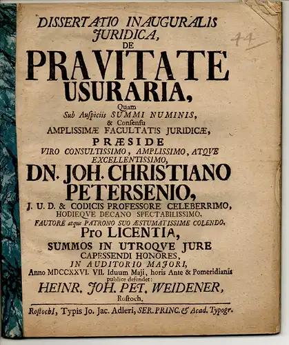 Weidener, Heinrich Johann Peter: aus Rostock: Juristische Inaugural-Dissertation. De pravitate usuraria. 
