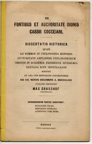 Grasshof, Max: De fontibus et auctoritate Dionis Cassii Cocceiani. Dissertation. 