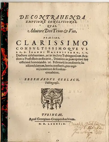 Gerlach, Eberhard: aus Tübingen: Juristische Disputation. De contrahenda emptione conclusiones. 