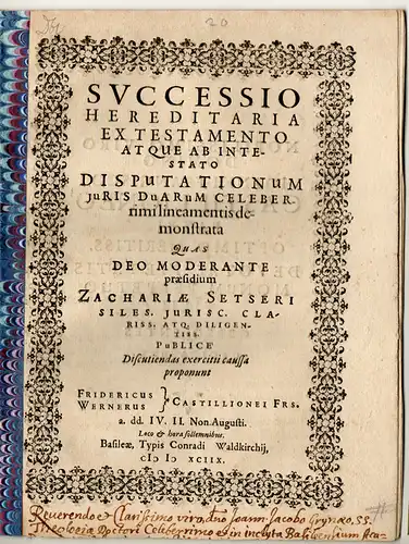 Castillioneus, Fridericus; Castillioneus, Wernerus: Juristische Disputation. Successio hereditaria ex testamento atque ab intestato, prior et altera. 