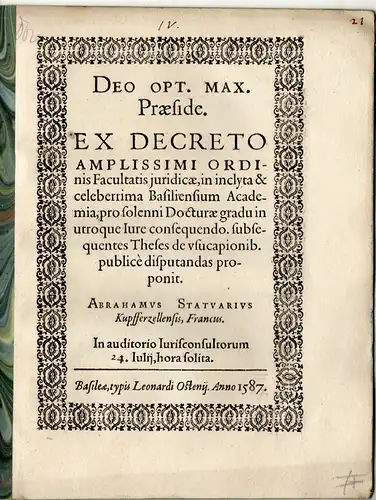 Statuarius, Abraham: aus Kupferzell: Juristische Disputation. Theses de usucapionib. 