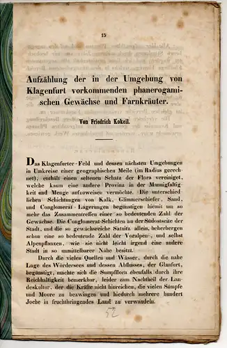 Kokeil, Friedrich: Aufzählung der in den Umgebungen von Klagenfurt vorkommenden phanerogamischen Gewächse und Farnkräuter. Sonderdruck aus: Jahrbuch des Naturhistorischen Landesmuseums von Kärnten Bd. 1. 