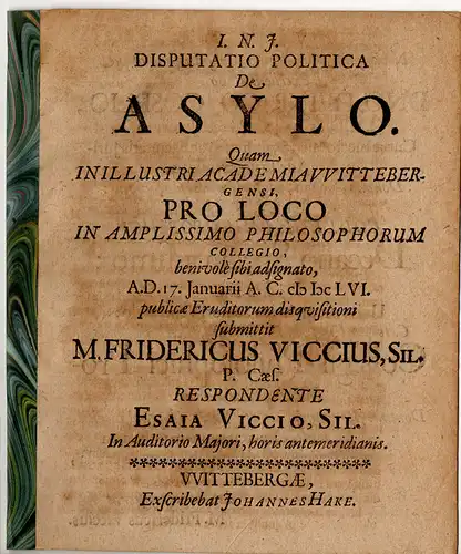 Viccius, Esaias: Disputatio Politica De Asylo. 