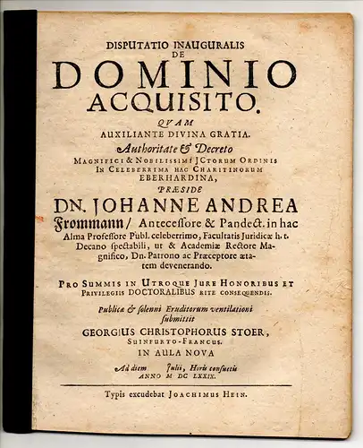 Stoer, Georg Christoph: aus Schweinfurt: Juristische Inaugural-Disputation. De dominio acquisito. 