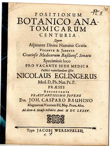 Bauhin, Johann Caspar: Positionum botanico anatomicarum centuria. 