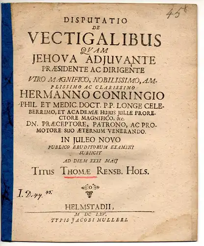 Thomae, Titus: aus Rendsburg: Juristische Disputation. De Vectigalibus. 