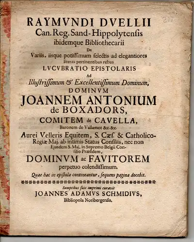 Duellius, Raimund: De variis, iisque potissimum selectis ad elegantiores literas pertinentibus rebus lucubratio epistolaris. 