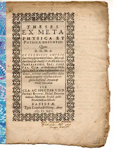 Schwegler, Joseph: aus Basel: Philosophische Disputation. Theses ex metaphysica et physica desumtae. 