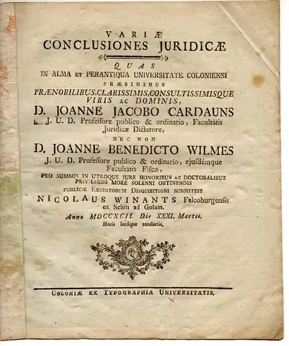 Winants, Nicolaus: aus Falkenburg: Juristische Disputation. Variae conclusiones juridicae. 