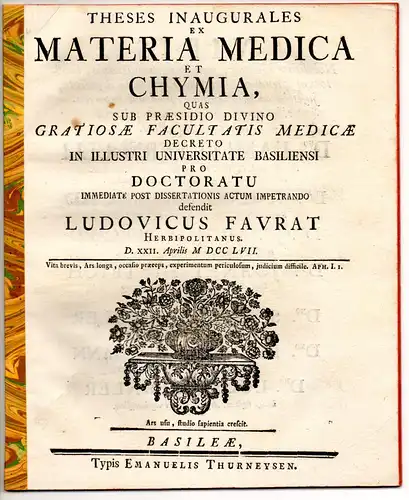 Favrat, Louis: aus Würzburg: Theses inaugurales ex materia medica et chymica. 