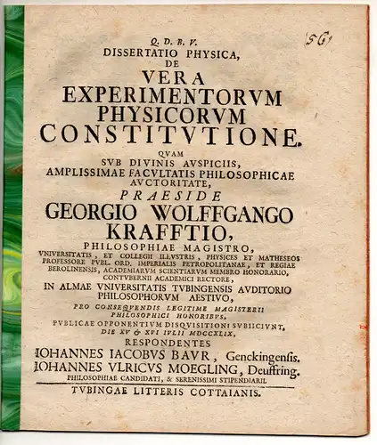 Baur, Johann Jakob; Mögling, Johann Ulrich: Dissertatio physica, de vera experimentorum physicorum constitutione. 