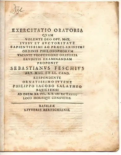 Salathe, Philipp Jacob: aus Basel: Exercitatio oratoria. 