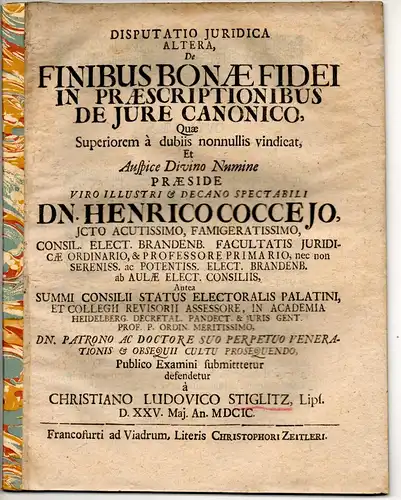 Stieglitz, Christian Ludwig: aus Leipzig: Juristische Disputation. De finibus bonae fidei in praescriptionibus de iure canonico. 