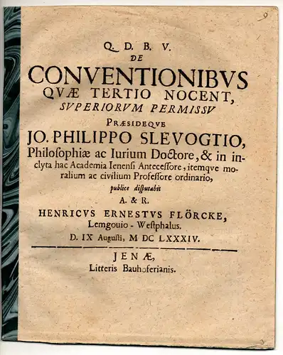 Flörcke, Heinrich Ernst: aus Lemgo: Juristische Disputation. De conventionibus, quae tertio nocent. 