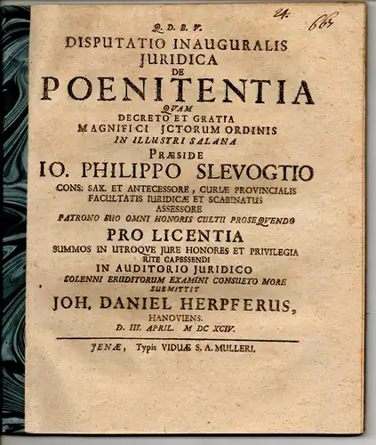 Herpfer, Johann Daniel: aus Hanau: Juristische Inaugural-Disputation. De poenitentia. 