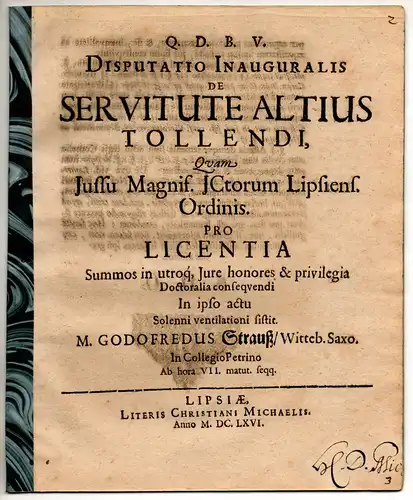 Strauß, Gottfried: aus Wittenberg: Juristische Inaugural-Disputation. De servitute altius tollendi. 